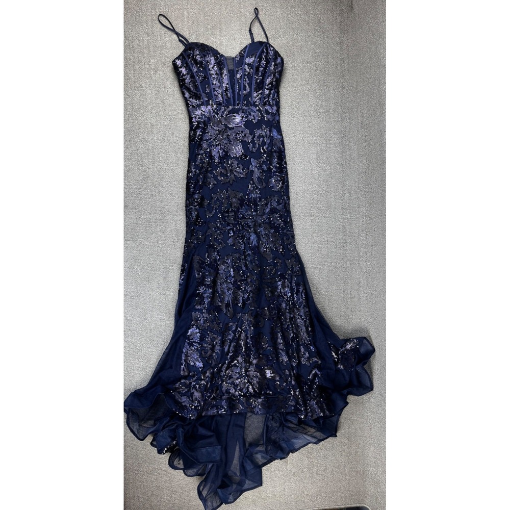 B. Darlin Navy Blue Sequin Floral Corset High-Low Mermaid Gown Dress 9/10